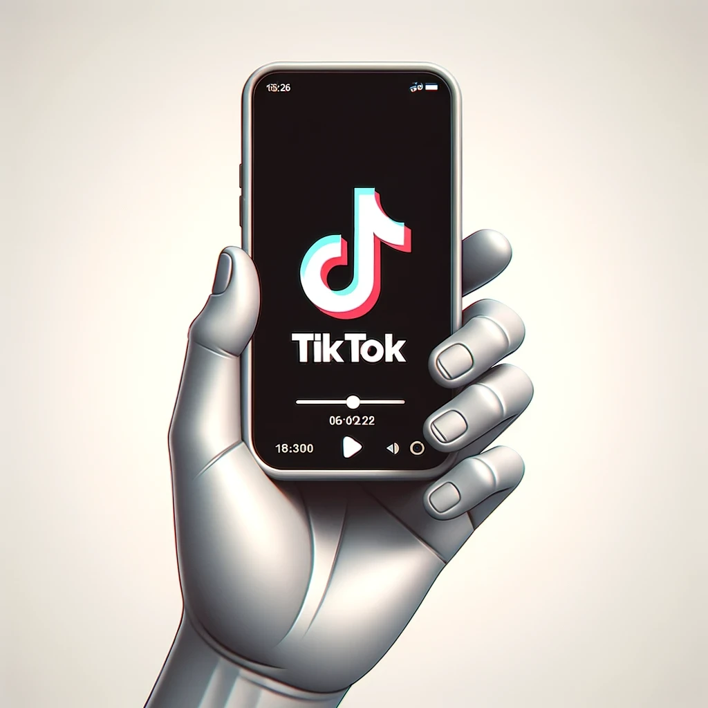 robot hand holding a phone on the tiktok app